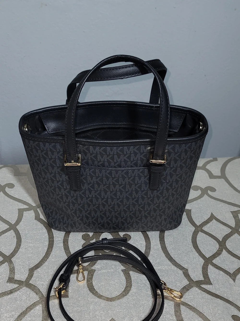 Michael Kors Black MK Logo Tote with Gold Accent Charm - Picture 4 of 7